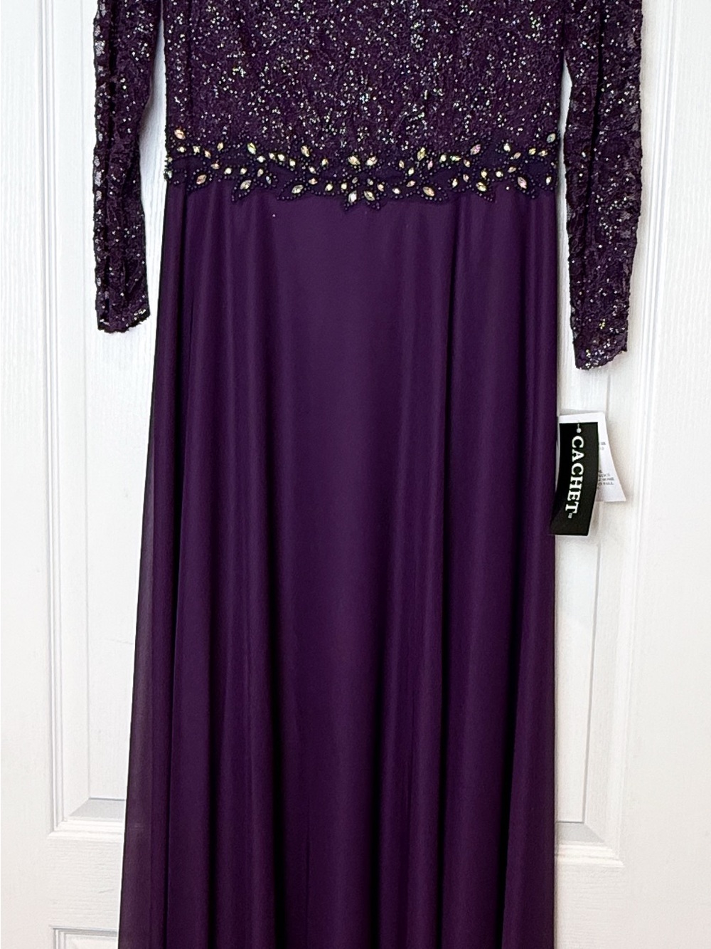 Cachet Purple Beaded Long Sleeve Evening Gown